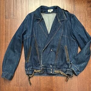 Vintage Oui Denim Jacket with Brown Leather Accents, Size Medium